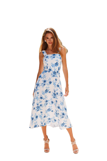 Blue Flowers Linen Midi Dress Women Summer Sundress