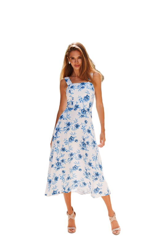 Blue Flowers Linen Midi Dress Women Summer Sundress