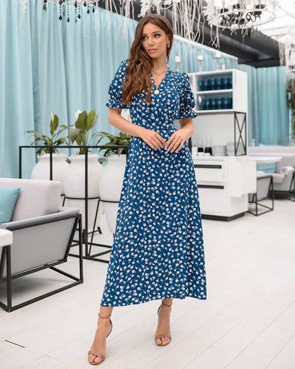 Elegant Blue Floral Midi Dress with Puff Sleeves