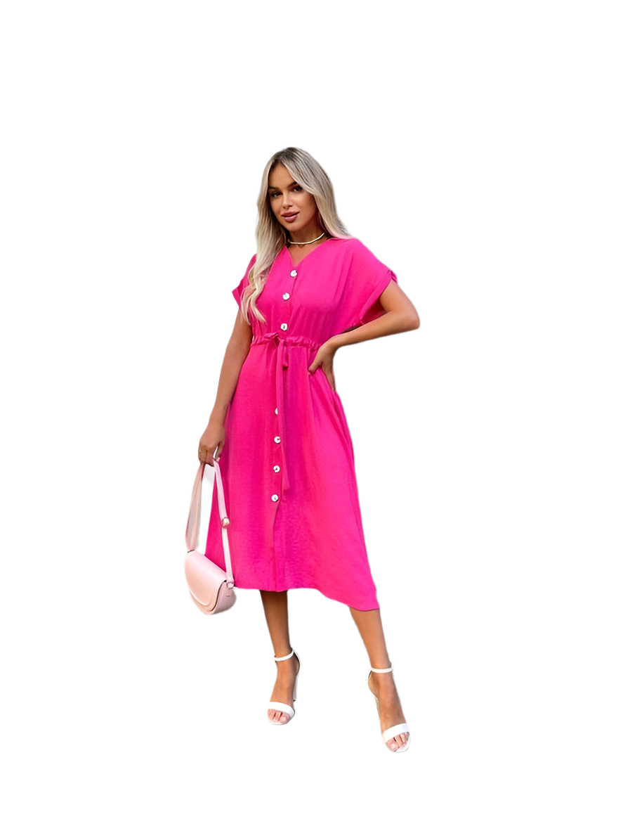 Light Pink Button-Front Midi Dress with Drawstring Waist