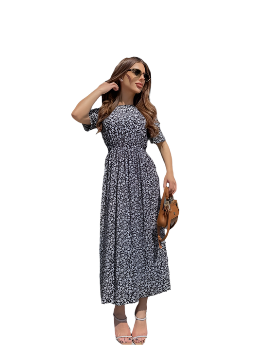 Lightweight Floral Midi Dress with Short Sleeves and Fitted Waist