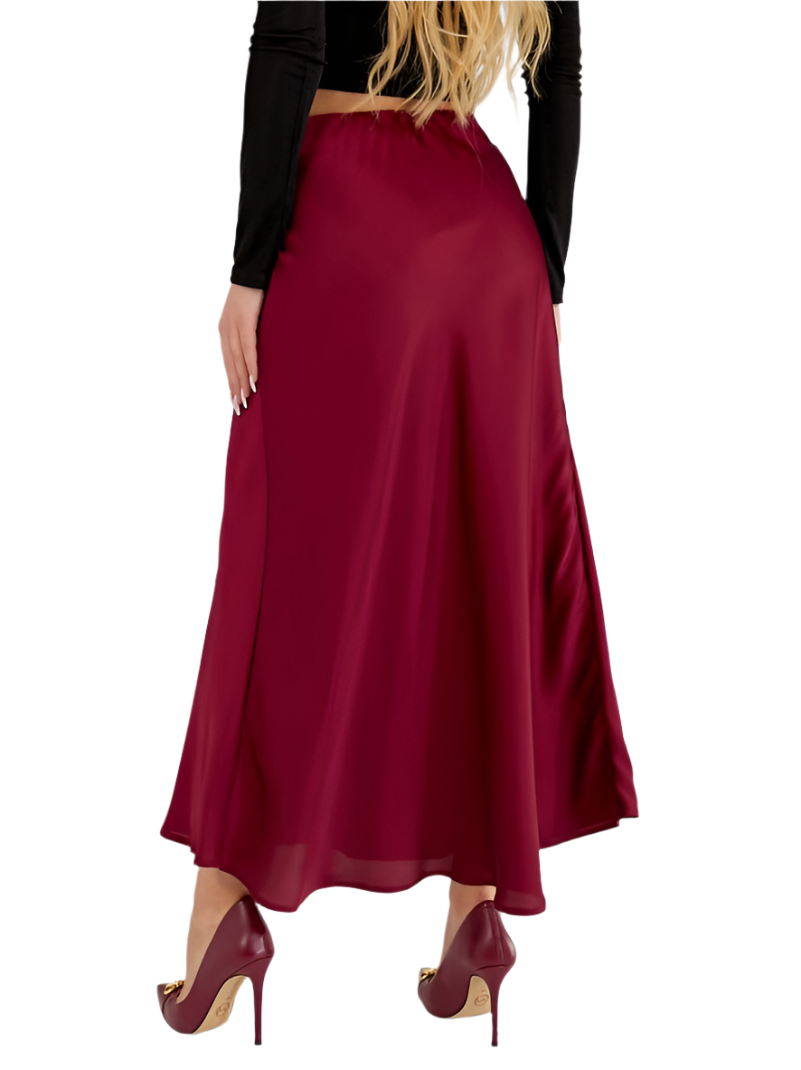Maroon skirt worn by a person on a white background