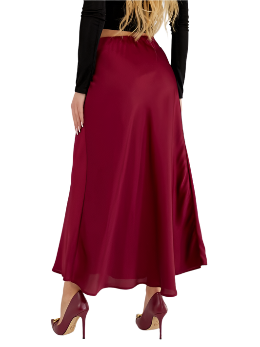 Maroon skirt worn by a person on a white background