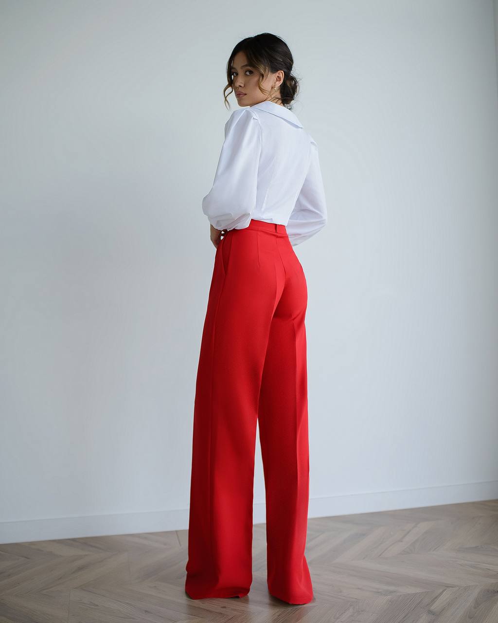 Women's High Waist Wide Leg Trousers in Suiting Crepe Diagonal Fabric