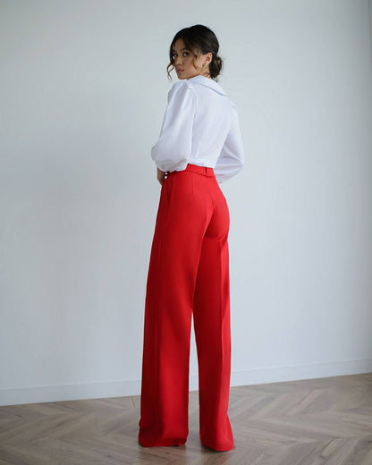 Women's High Waist Wide Leg Trousers in Suiting Crepe Diagonal Fabric
