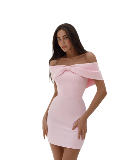 Elegant Off Shoulder Mini Dress with Corset Base in Powder Pink
