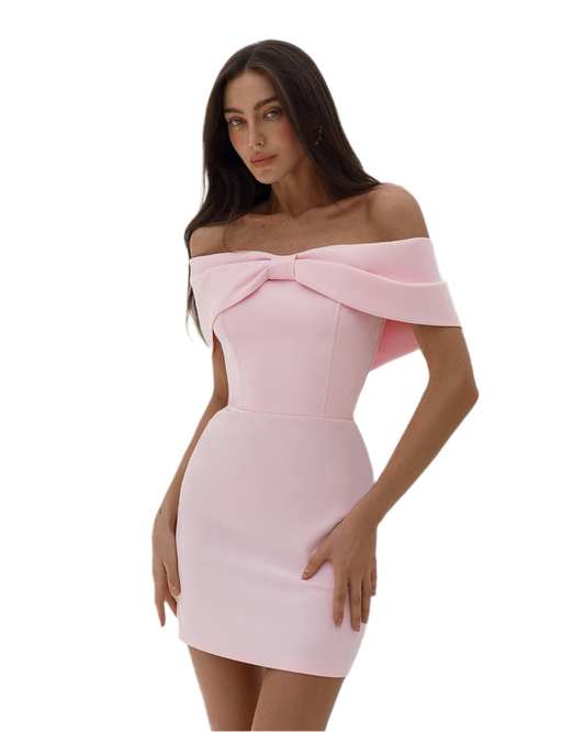 Elegant Off Shoulder Mini Dress with Corset Base in Powder Pink
