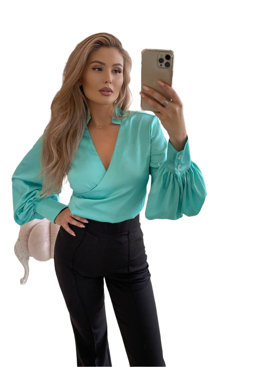 Women Satin Blouse with Puff Sleeves and V Neck