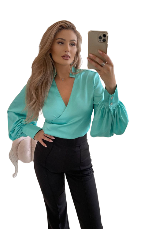 Women Satin Blouse with Puff Sleeves and V Neck
