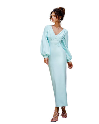 Elegant Midi Dress in Tiffany Blue with Balloon Sleeves