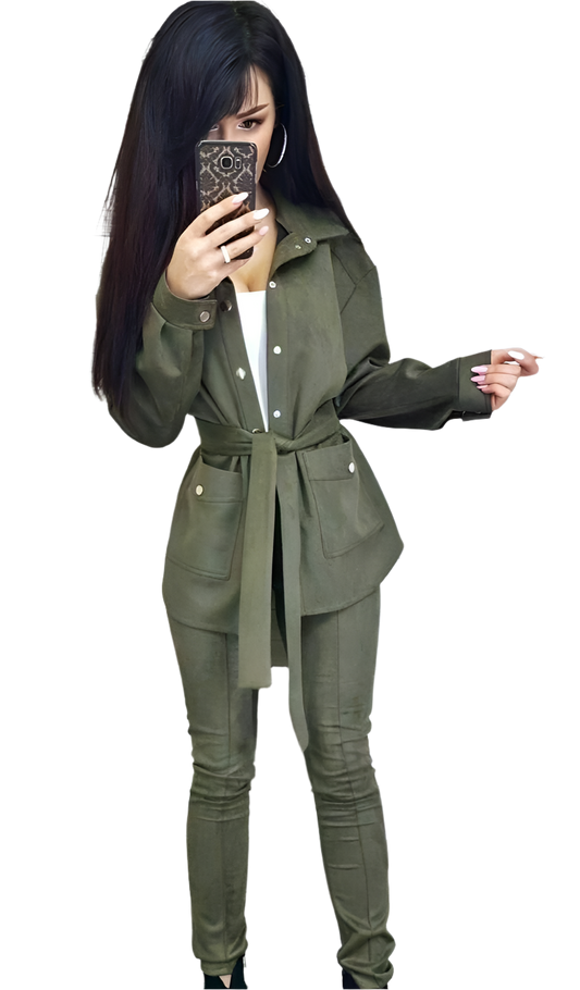 Karina Women's Suede Set Shirt with Belt and High Waist Pants