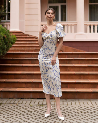 Elegant Printed Silk Midi Dress with Puff Sleeve