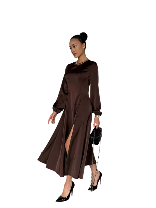 Shakira Elegant Long Sleeve Silk Dress with Side Slit