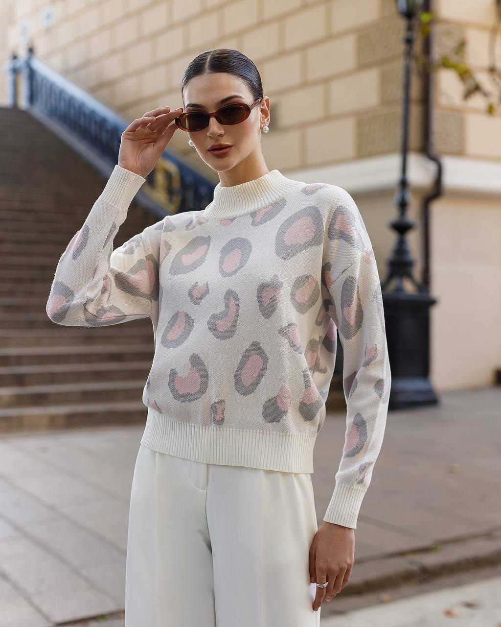 Womens Leopard Pattern Sweater Soft Cotton Acrylic Wool Blend