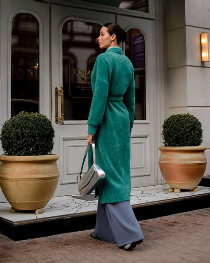 Womens Silva Fluffy Cardigan Long Sleeve Belted Coat Emerald Green