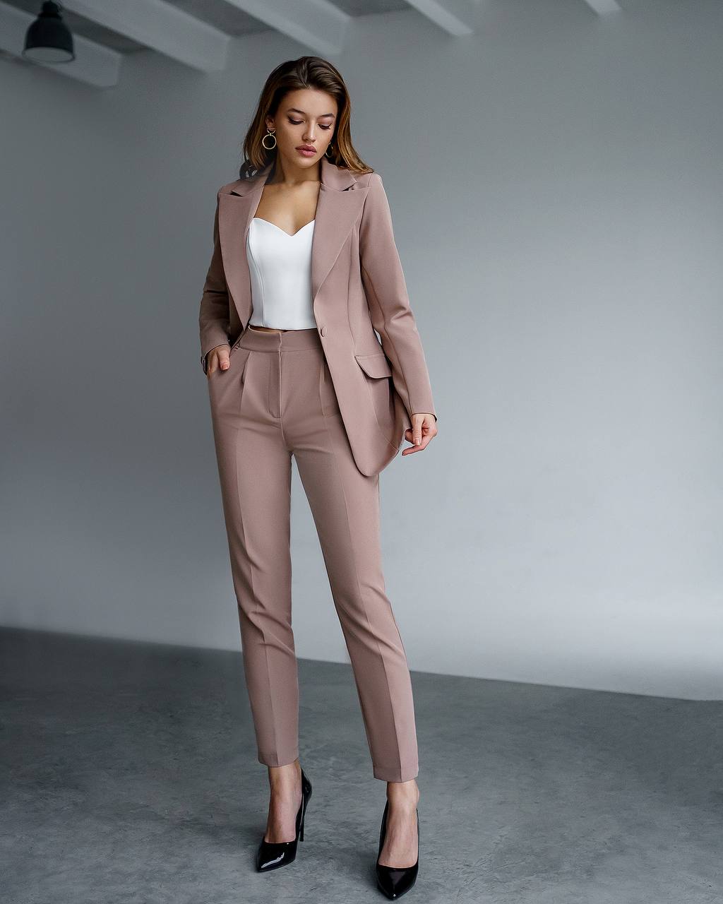 Elegant Womens Suit Jacket and Trousers Set in Soft Brown Crepe Diagonal