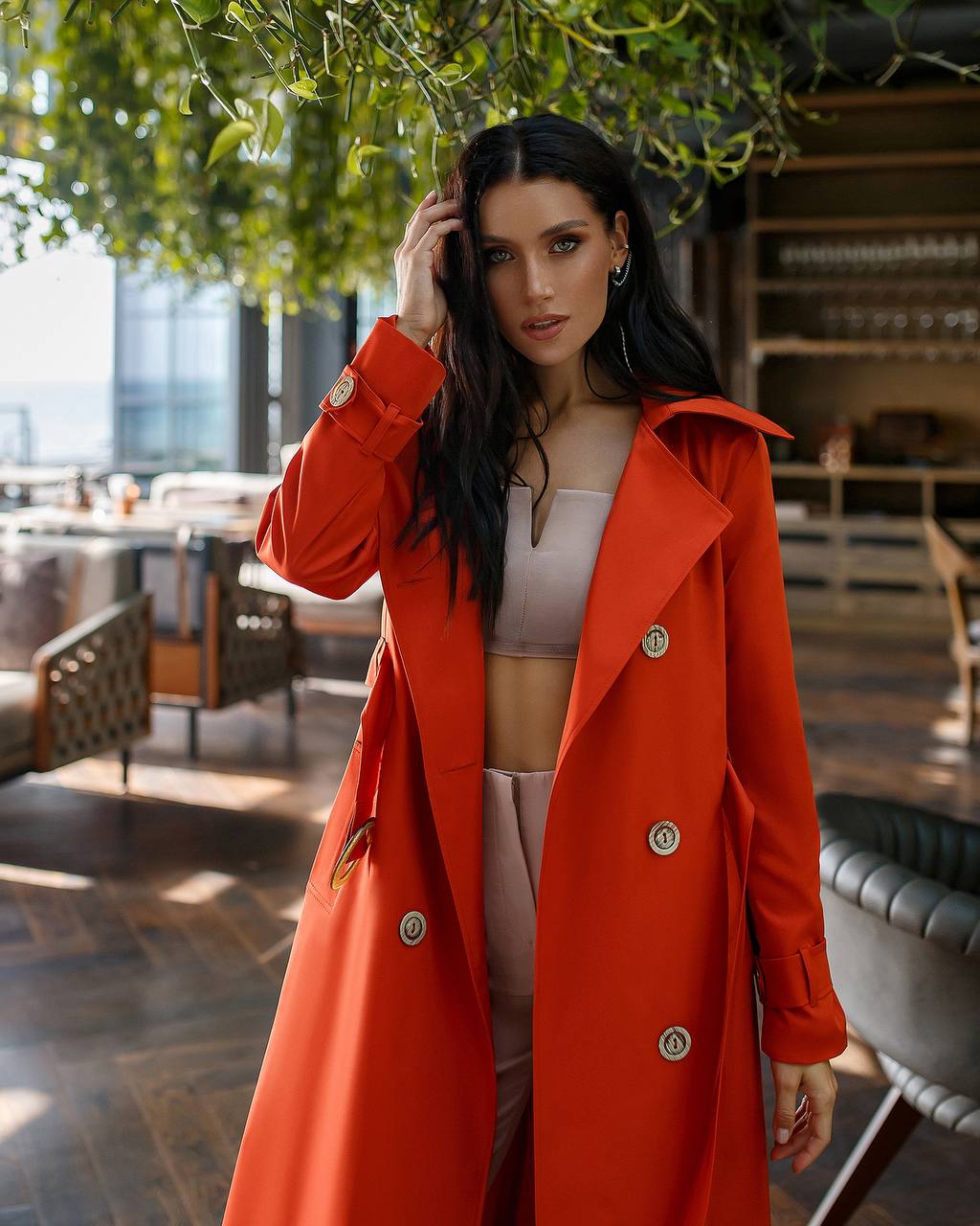 Stylish Red Trench Coat with Pockets and Belt for Women's Fashion