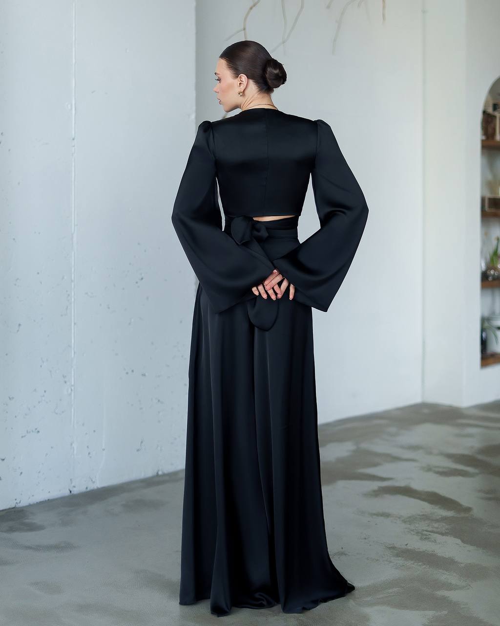 Elegant Women Suit Set with Wide Leg Satin Pants and Wrap Top