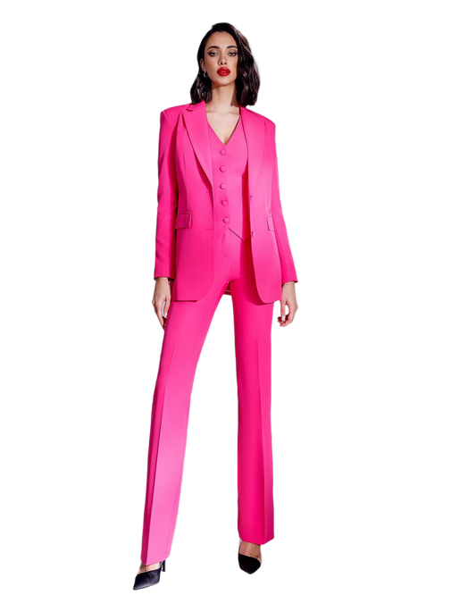 Womens Three Piece Suit with Vest in Vibrant Pink Diagonal Crepe