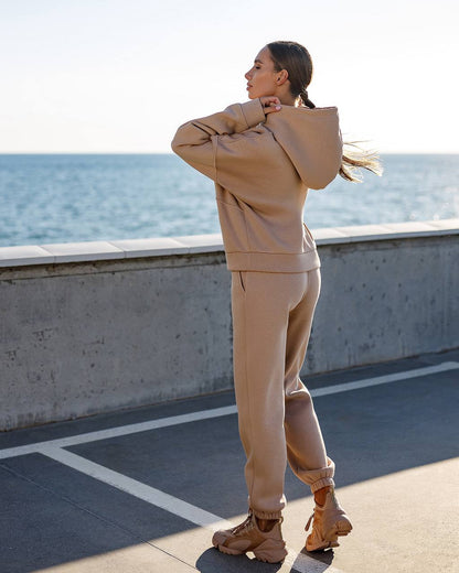 Womens Beige Lux Triple-Knit Fleece Suit with Double-Layered Hood