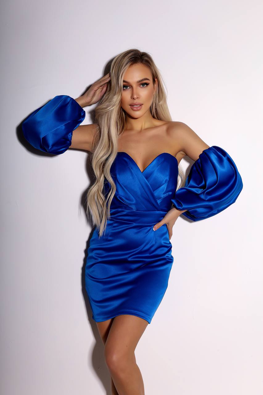 Crystal Mango Satin Strapless Sweetheart Bodycon Mini Dress Electric Blue Puff Sleeve
