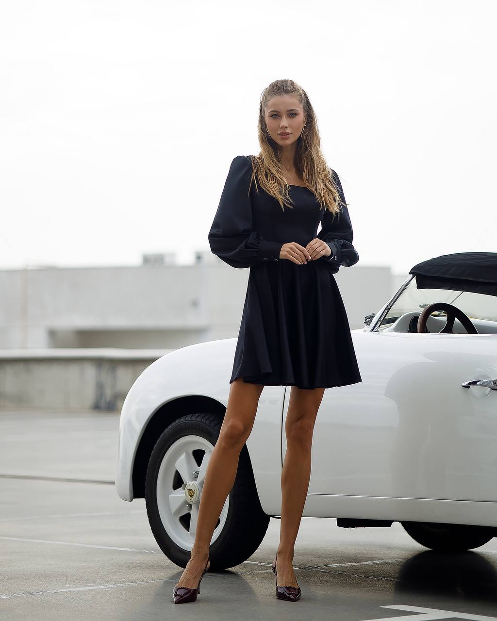 Elegant Black Satin Mini Dress for Women with Long Puff Sleeves