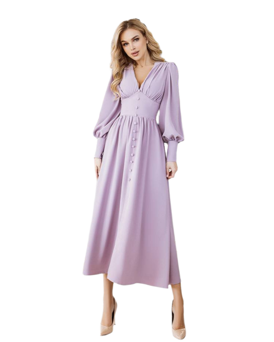 Elegant Crepe Silk Long Sleeve Buttoned Midi Dress for Women