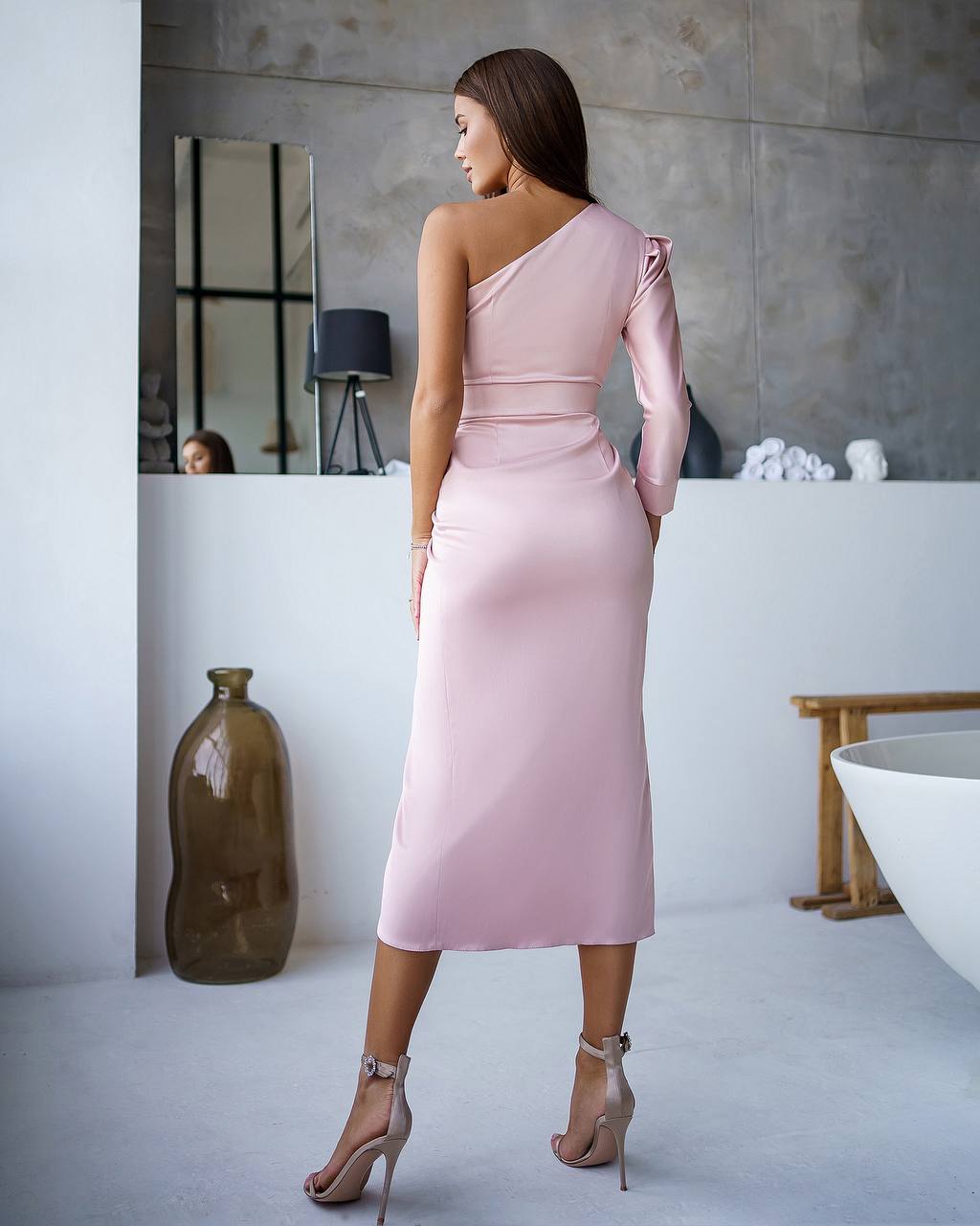 One-Shoulder Midi Dress in Powder Pink Satin