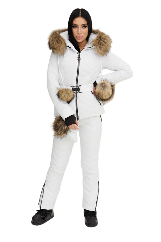 Womens White Winter Warm Ski Suit with Siliconized Fiber and Natural Raccoon Fur