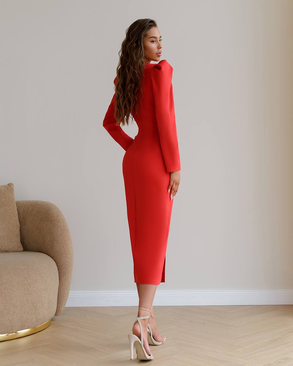 Womens Elegant Midi Dress in Premium Crepe Fabric with Long Sleeves