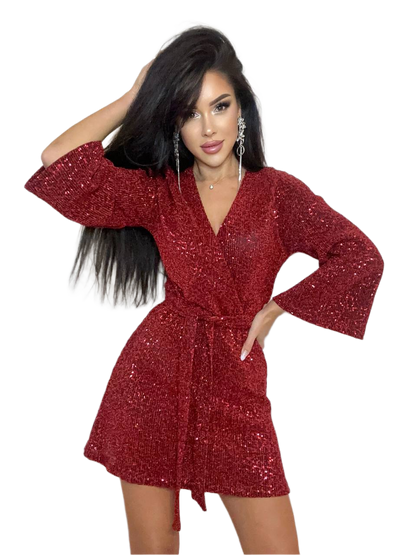 Red Sequined Wrap Mini Dress for Women