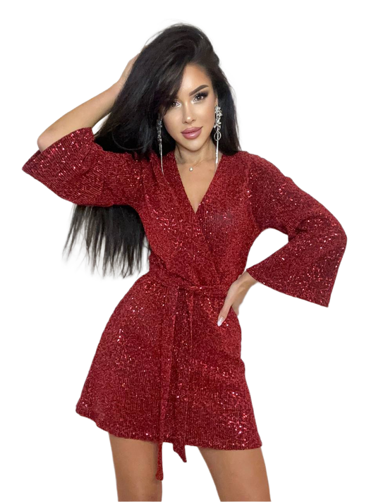 Red Sequined Wrap Mini Dress for Women