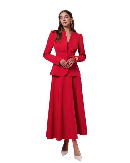 Womens Premium Suit Crepe Diagonal Jacket and Skirt Set in Red Milk and Black