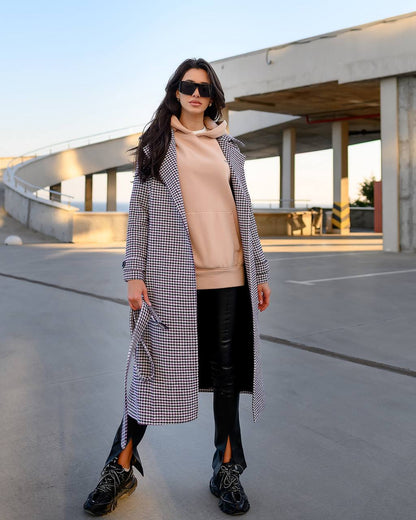 Womens Turkish Fabric Houndstooth Pattern Coat Long Trench Style Belted