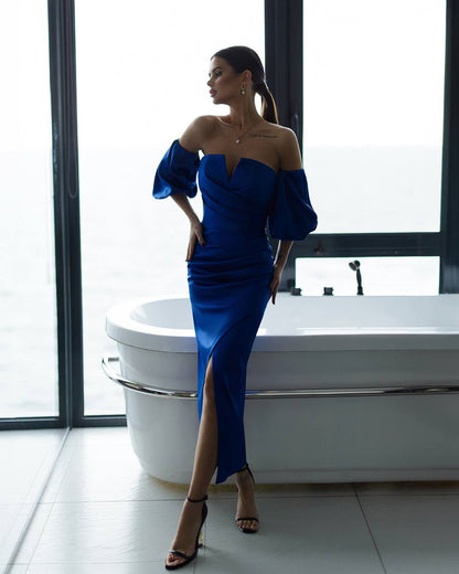 Royal Satin Midi Dress with Puff Sleeves in Electric Blue