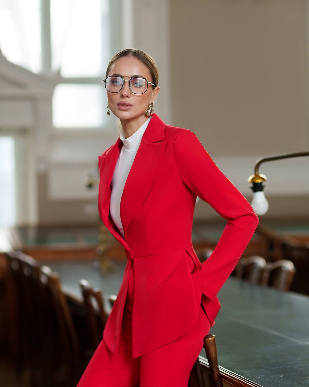 Premium Diagonal Crepe Women's Peplum Suit in Red