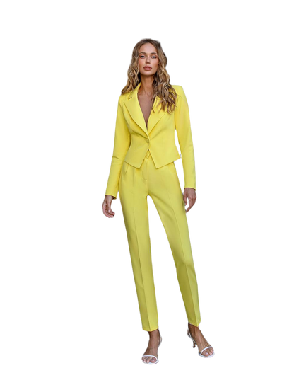 Womens Yellow Cropped Blazer Suit with Pants Premium Crepe Fabric