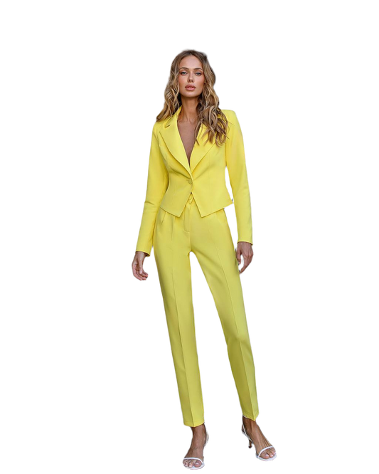 Womens Yellow Cropped Blazer Suit with Pants Premium Crepe Fabric