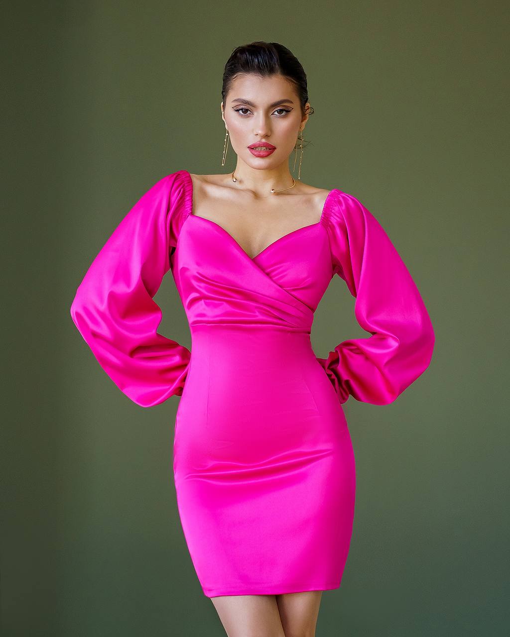 Elegant Raspberry Satin Mini Dress with Long Puff Sleeves