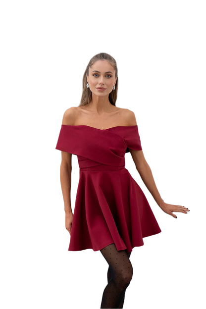 Women's Off Shoulder Short Dress in Diagonal Crepe Fabric