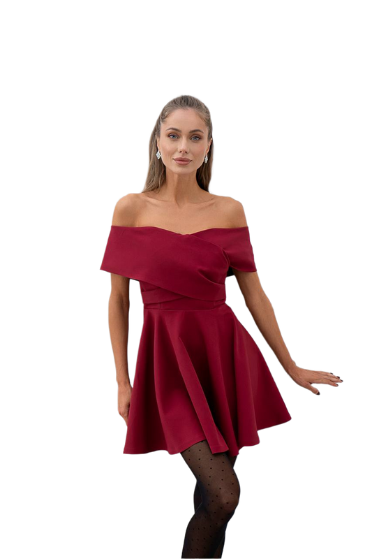 Women's Off Shoulder Short Dress in Diagonal Crepe Fabric