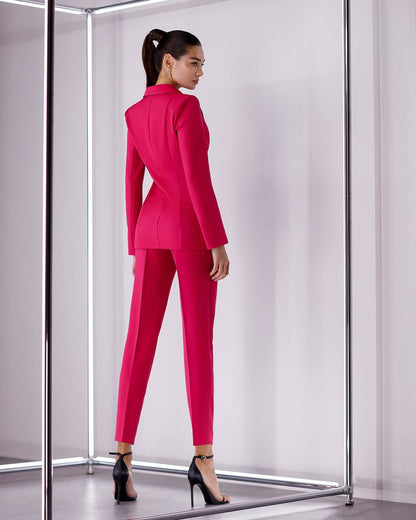 3 Pieces Women Prom Bridal Wedding Cocktail Suit Set Pantsuit Trousers Jacket Pants Top Bra Raspberry
