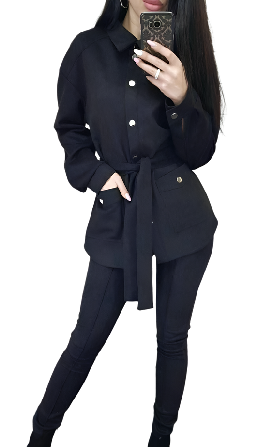 Karina Suede Suit for Women Button Down Shirt with Belt and High Waist Pants