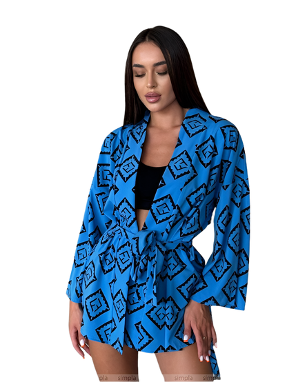 Womens Blue Patterned Soft Fabric Kimono and Shorts Set