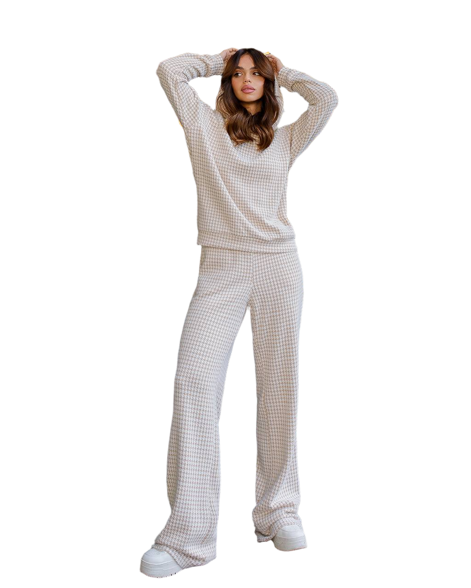Womens Dense Knit Houndstooth Pattern Suit Imitation Rabbit Fur Beige