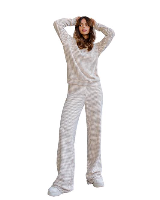 Womens Dense Knit Houndstooth Pattern Suit Imitation Rabbit Fur Beige