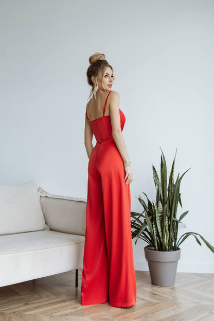 Women Jumpsuit Crystal in Mango Satin with Wide Legs and Spaghetti Straps
