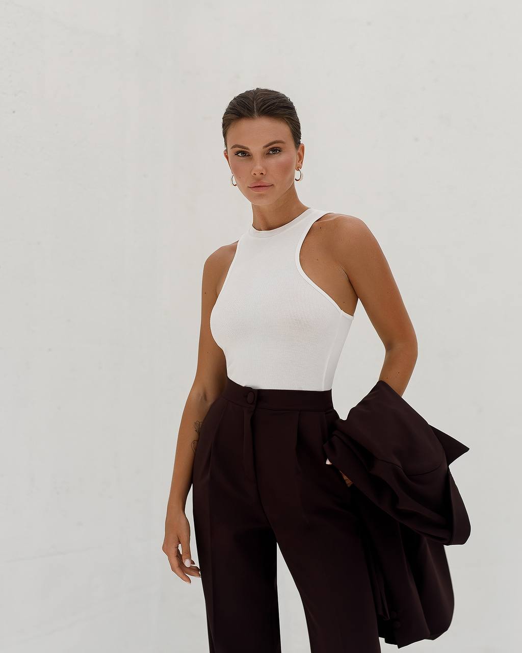 Womens Double Suit Premium Diagonal Crepe Black Chocolate