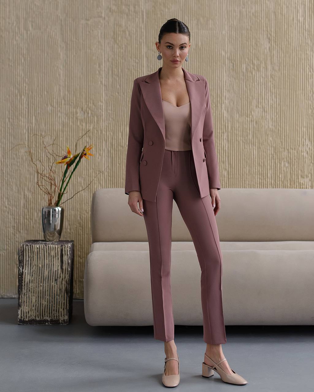 Brown Women Jacket Pants Suit Pantsuit Chic Oficial interview Elegant Cocktail Prom Graduation