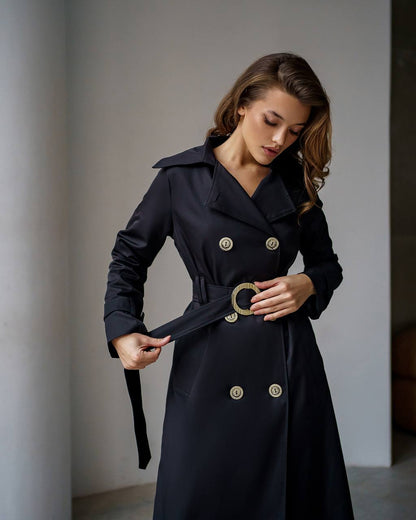 Stylish Black Trench Coat for Women with Belt and Pockets